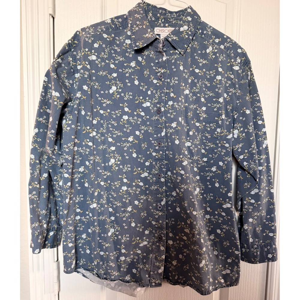 Cherokee Womens Blue Ditsy Floral Cotton Button Down Shirt Large RN 17730 - Picture 2 of 6